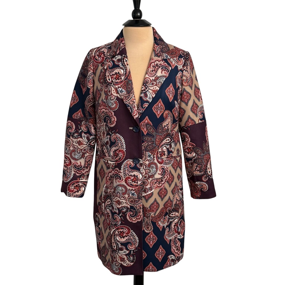 Chico's Women's Long Sleeve Patched Paisley Drama Coat